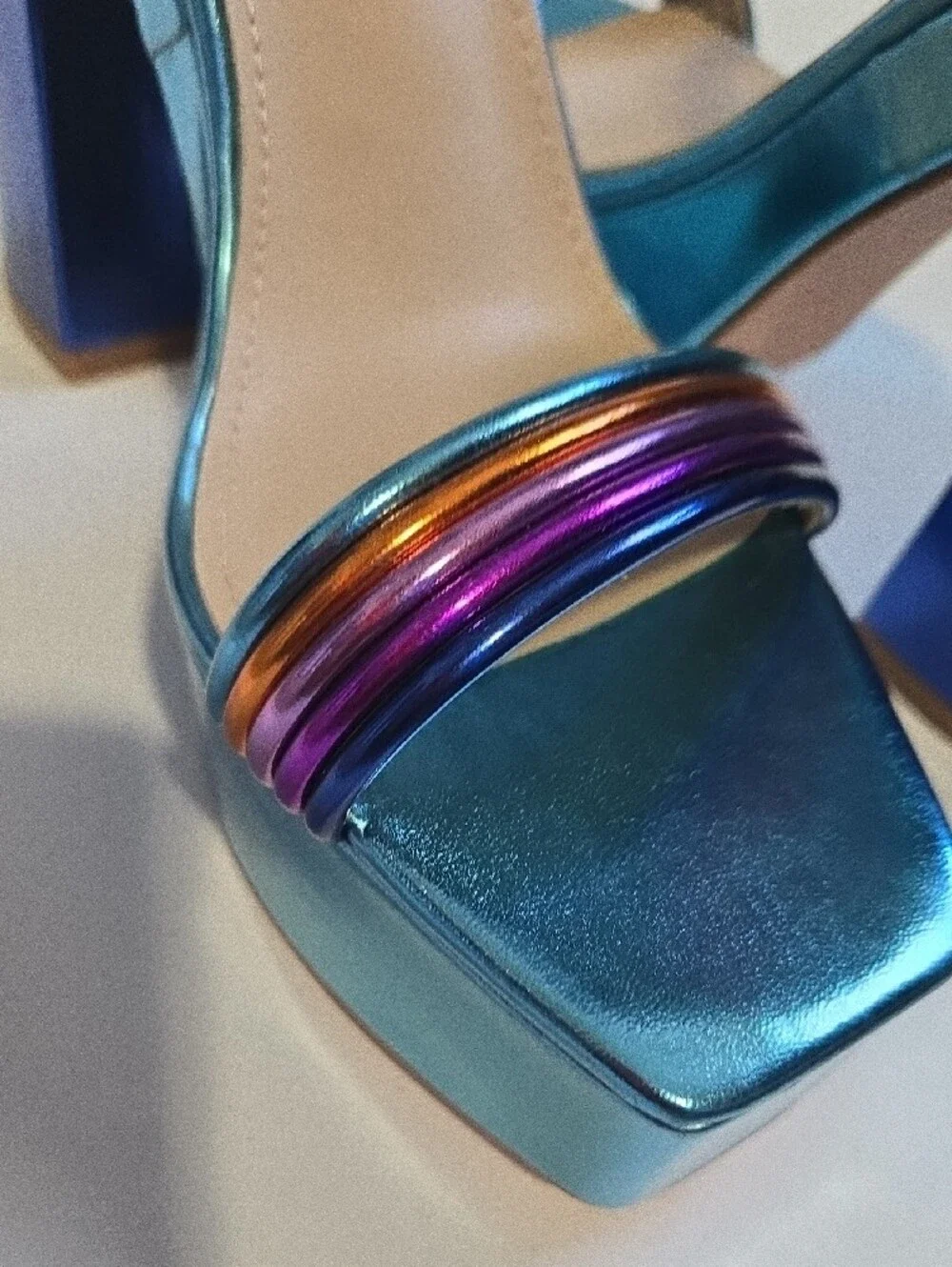 New SHEIN Teal Platform Sandals with Multicolor Metallic Straps